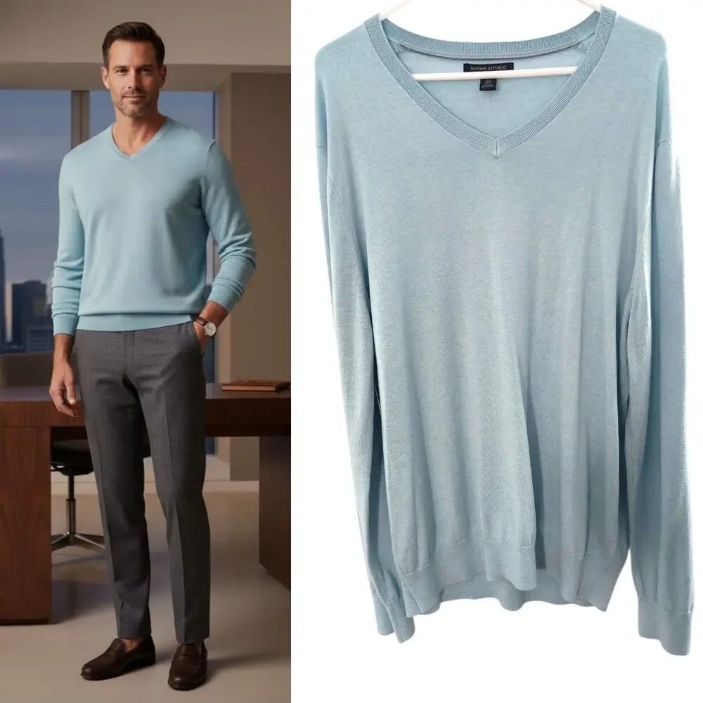 Banana Republic Men's Silk Cashmere Blend V-Neck Sweater Size XL Blue NWT
